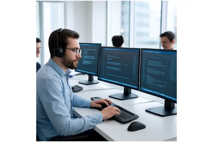 Desenvolvedores trabalhando concentrados em um escritório moderno com múltiplos monitores e dashboards digitais.