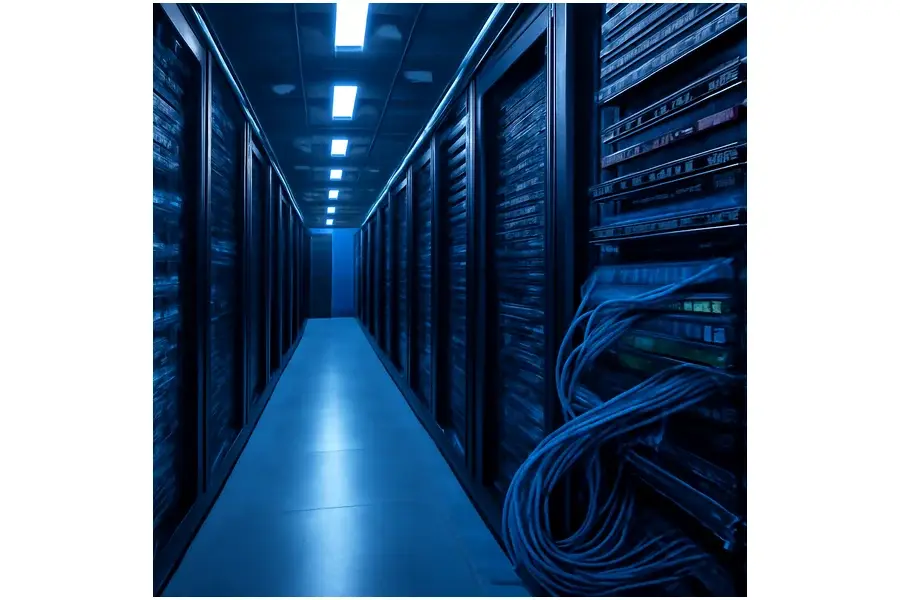 Interior de um data center com servidores e equipamentos de rede em destaque.
