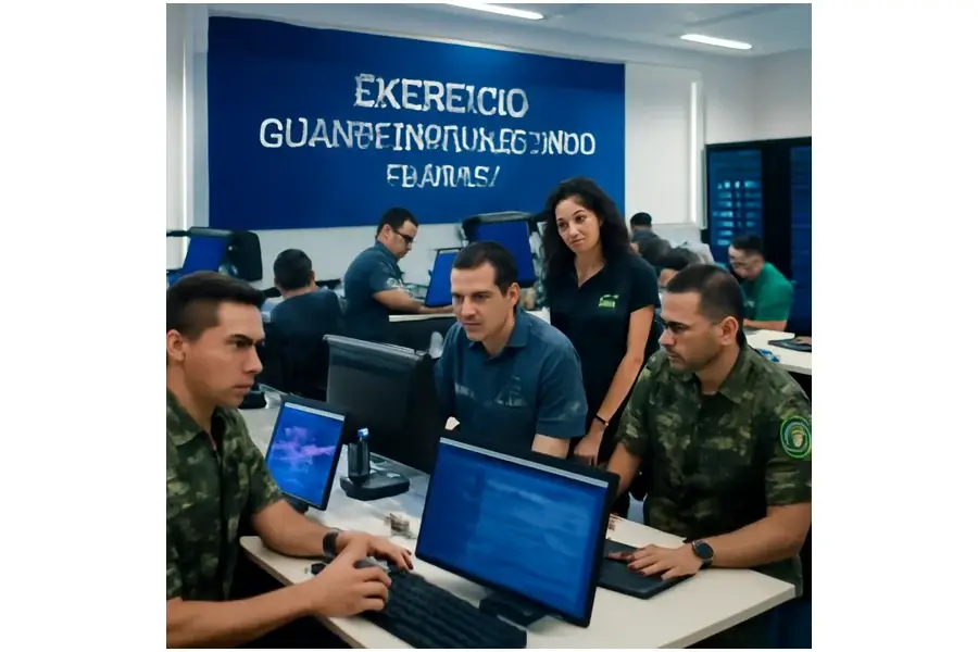 Equipe multidisciplinar em sala de comando durante exercício de cibersegurança em Manaus, com equipamentos tecnológicos e servidores.
