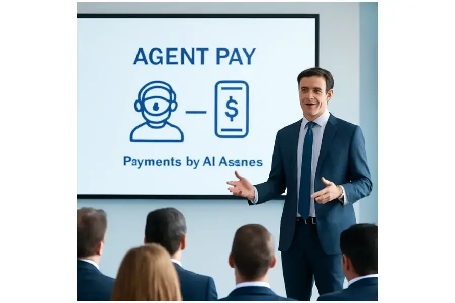 Executivo da Mastercard apresentando tecnologia Agent Pay em fórum corporativo com público atento.