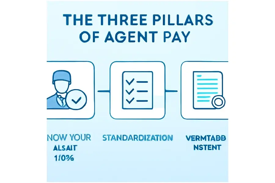 Diagrama realista explicando os pilares técnicos do Agent Pay com ícones representando KYA, padronização e intenção verificável.