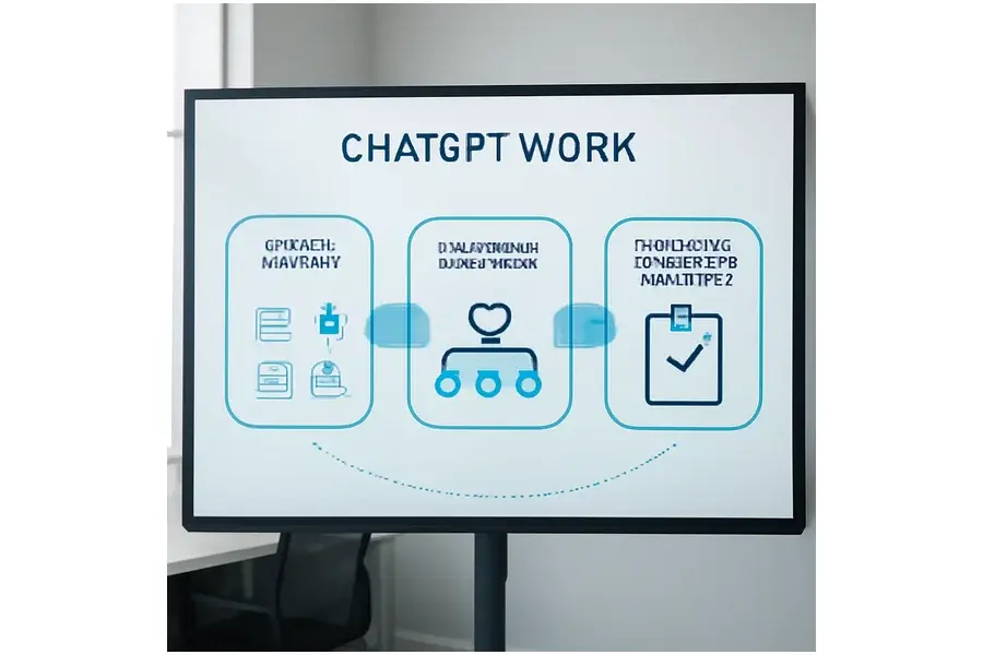 Diagrama digital mostrando as etapas de funcionamento do ChatGPT Work: coleta, planejamento e execução autônoma.