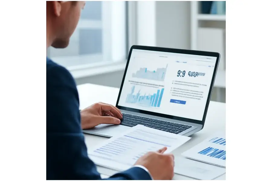 Profissional revisando relatórios financeiros em laptop enquanto IA atualiza dados automaticamente.
