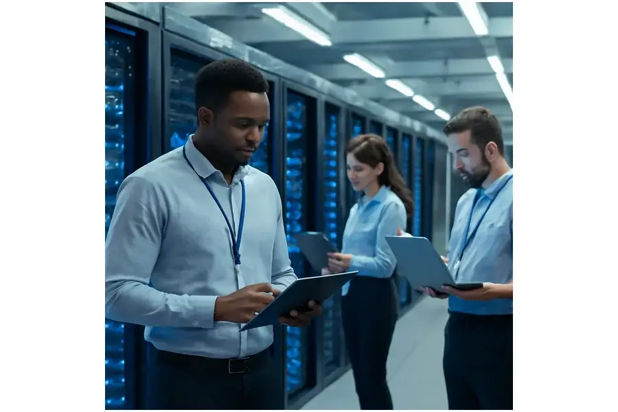 Centro de dados moderno com operadores técnicos usando tablets e laptops em ambiente corporativo claro.