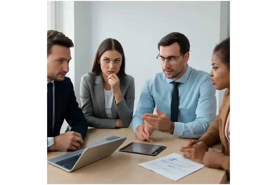 Equipe de engenharia e finanças em reunião corporativa discutindo dados em ambiente moderno.