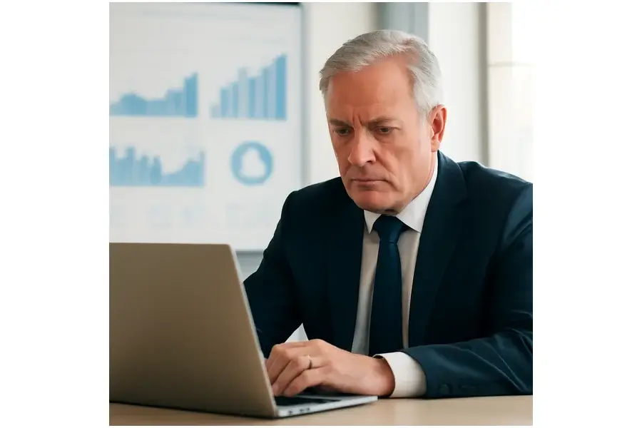 Executivo sênior analisando indicadores financeiros e eficiência em escritório corporativo claro.