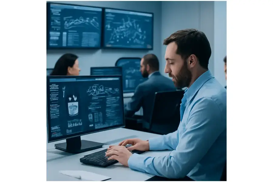 Especialistas em cibersegurança analisando dados em monitores em um ambiente corporativo moderno