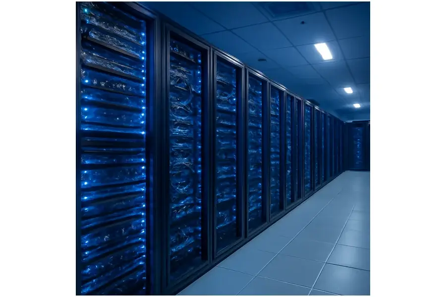 Datacenter moderno com servidores e equipamentos de rede iluminados em azul