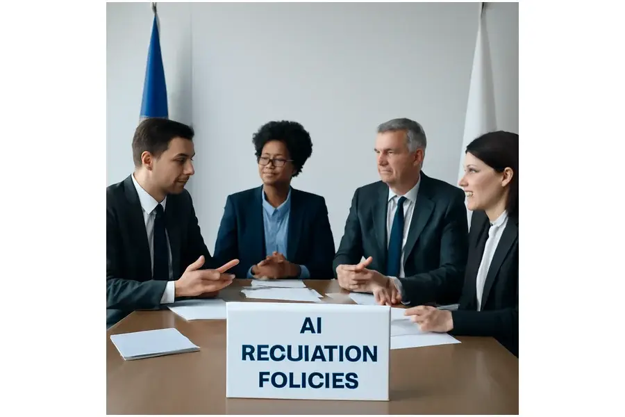 Reunião internacional formal discutindo regulação e fiscalização de inteligência artificial