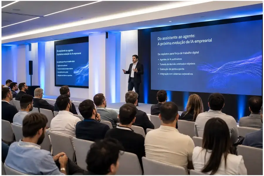 Público corporativo assistindo palestra sobre agentes de IA no evento SaaStr AI Annual em auditório moderno.