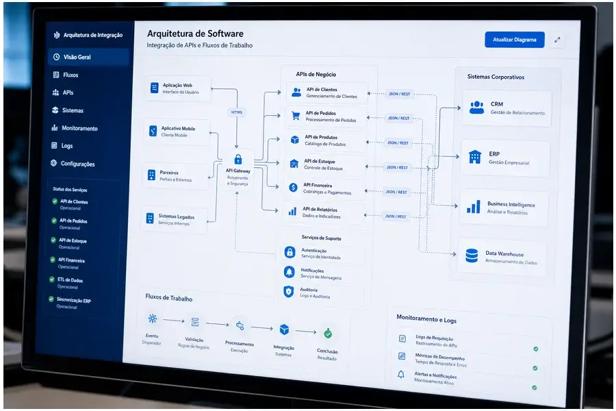 Tela de computador exibindo arquitetura de software com múltiplas APIs e integrações entre sistemas corporativos.