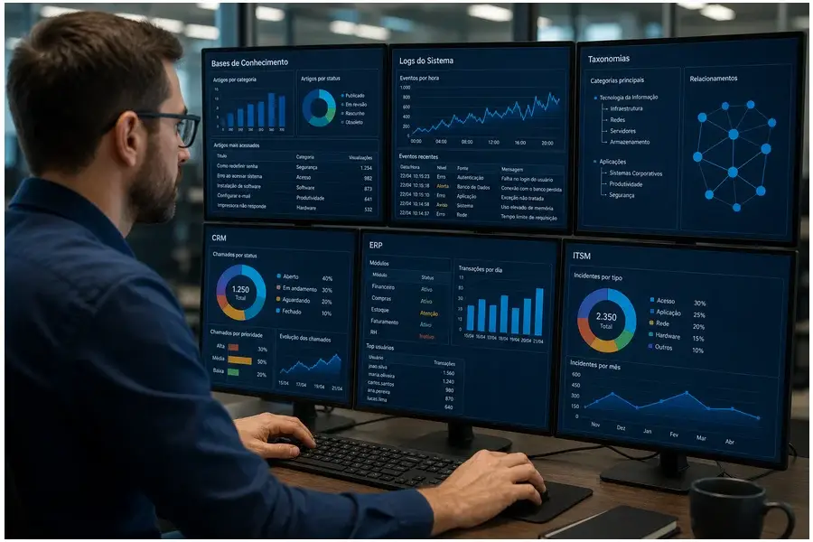 Profissional de TI analisando dados complexos em múltiplos monitores no escritório, evidenciando dados fragmentados em sistemas corporativos.