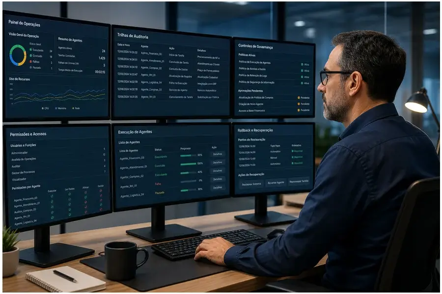 Gestor corporativo monitorando operações automatizadas de IA com logs e auditoria para garantir governança e segurança.