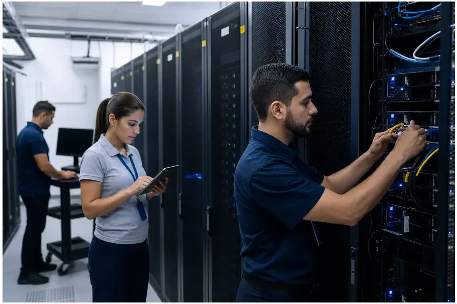 Data center moderno na América Latina com técnicos operando servidores em ambiente corporativo.