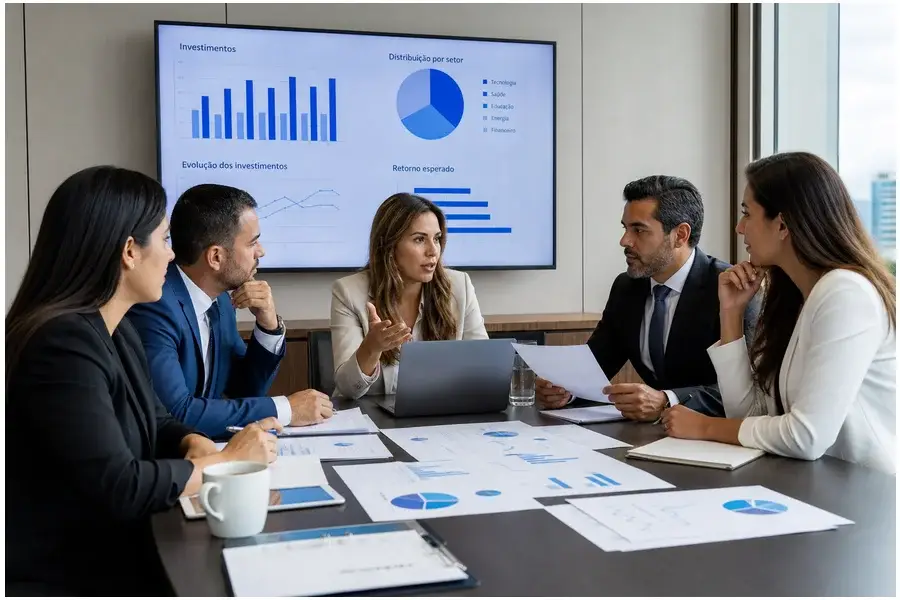 Executivos latino-americanos discutindo investimentos em reunião corporativa moderna.