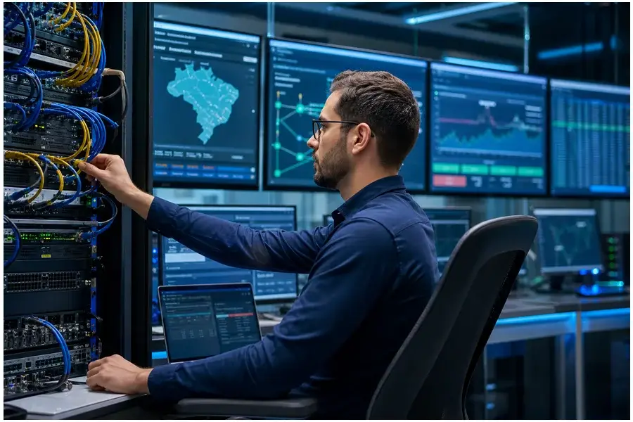 Profissional de telecomunicações operando equipamentos em sala de controle moderna.