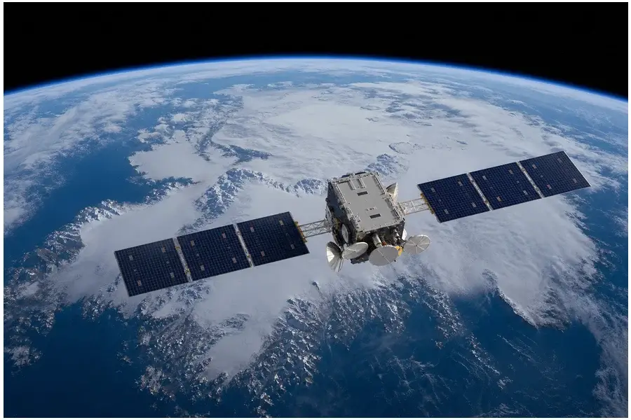 Imagem realista de satélite Telesat Lightspeed em órbita baixa com a Terra ao fundo destacando o Ártico
