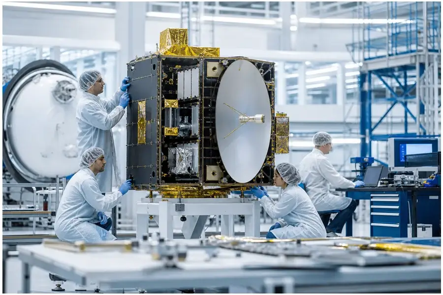 Técnicos da MDA Space trabalhando na fabricação de satélite em banda Ka em ambiente industrial moderno