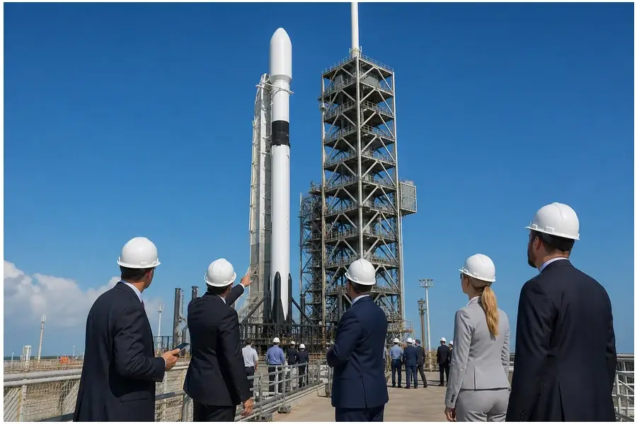 Foguete Falcon 9 da SpaceX na plataforma de lançamento com equipe técnica presente