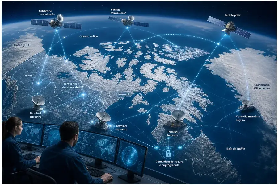 Mapa realista do Ártico canadense ilustrando cobertura da constelação Lightspeed e infraestrutura de comunicações seguras