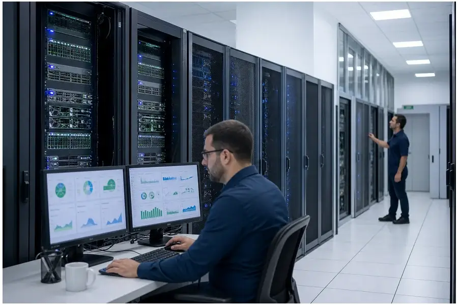 Data center moderno com racks de servidores e técnicos de TI em operação