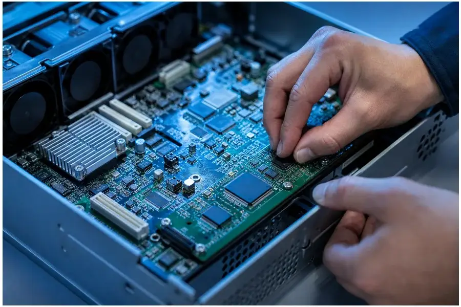 Close-up realista de um chip BMC dentro de um servidor