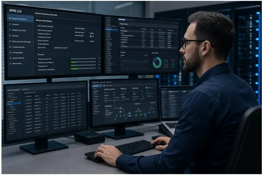 Técnico de segurança cibernética monitorando interfaces de gerenciamento IPMI 2.0 em múltiplas telas