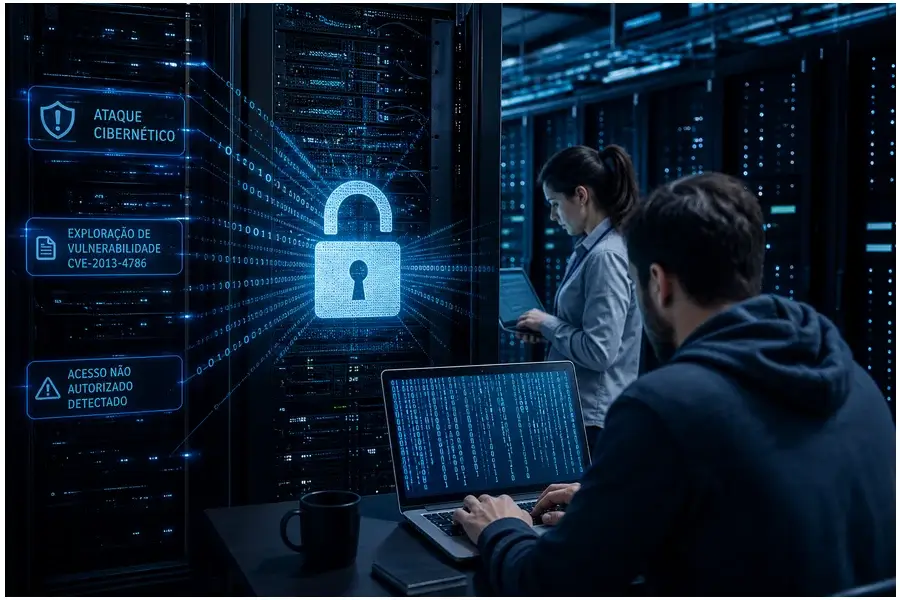 Conceito realista de ataque cibernético explorando vulnerabilidade em servidor de data center