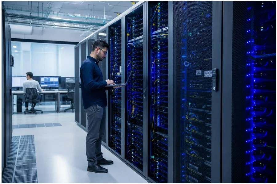Centro de dados moderno do Google Cloud com servidores para IA e interoperabilidade.