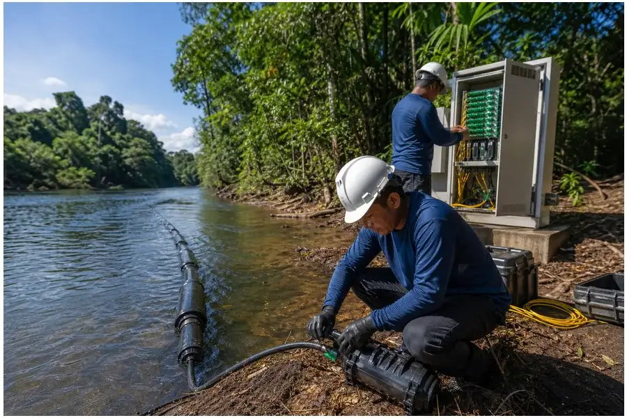 Cabo de fibra óptica instalado no leito do rio amazônico como parte da infraestrutura digital