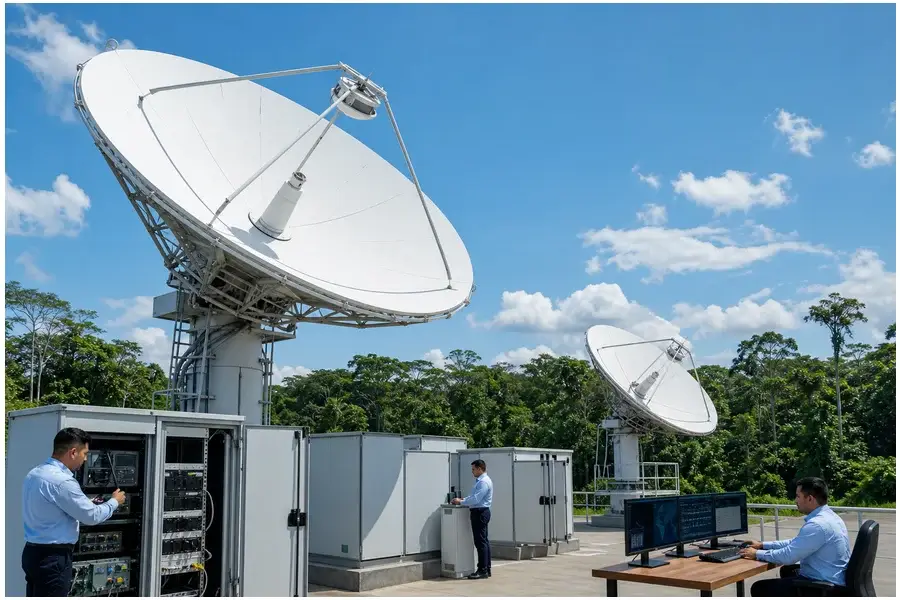 Estação de comunicação por satélite operando na região amazônica para ampliar conectividade