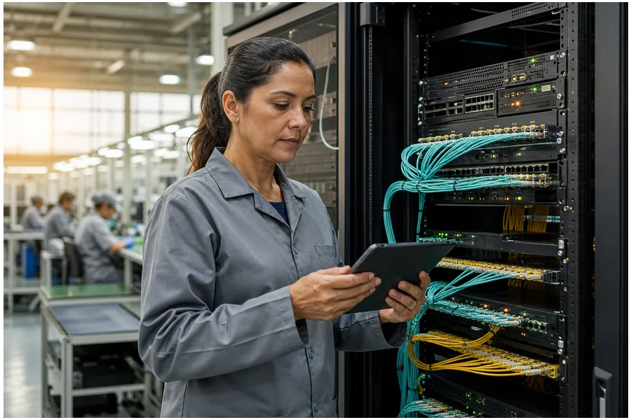 Rack de rede corporativa com fibra optica em fabrica do polo industrial de Manaus