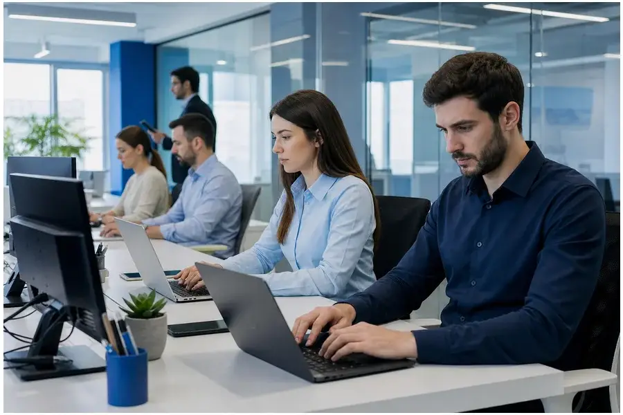 Funcionários em escritório moderno usando computadores pessoais e corporativos para acessar ferramentas de IA