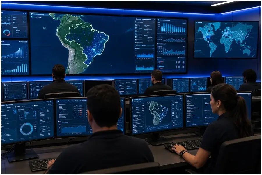 Profissionais brasileiros trabalhando em centro de operações de cibersegurança com mapas digitais da América Latina destacando o Brasil.