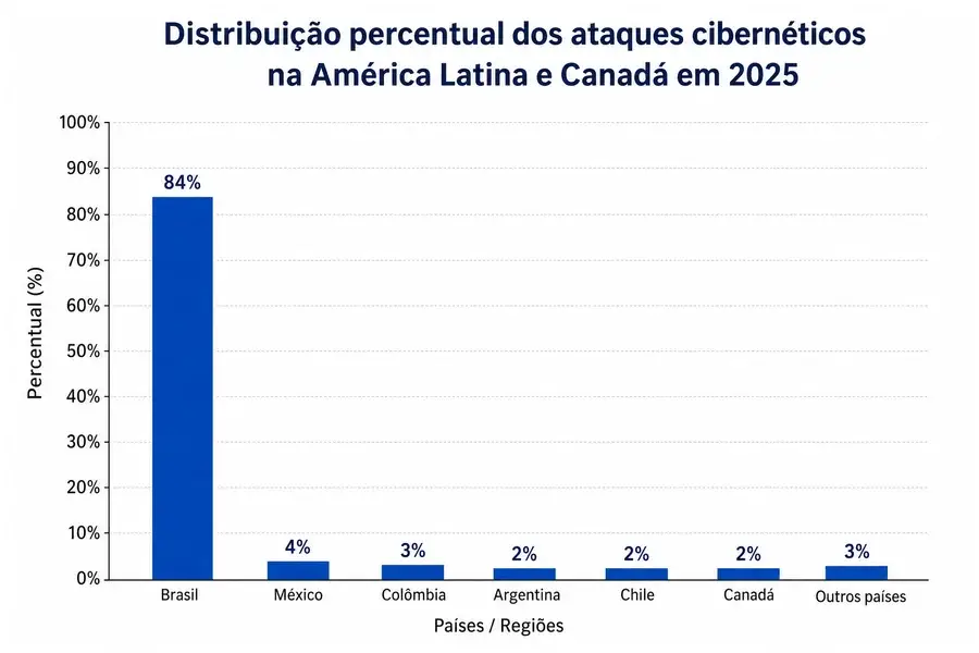 Gráfico de barras mostrando que o Brasil concentra 84% dos ataques cibernéticos na América Latina e Canadá em 2025.