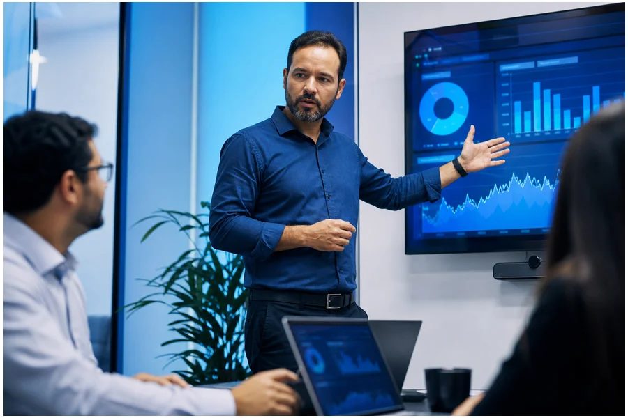 Executivo brasileiro de tecnologia em reunião estratégica sobre cibersegurança e transformação digital.