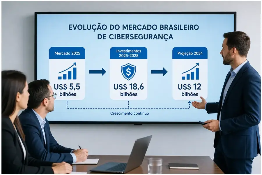 Diagrama digital conceitual ilustrando crescimento e investimentos no mercado brasileiro de cibersegurança entre 2025 e 2034.