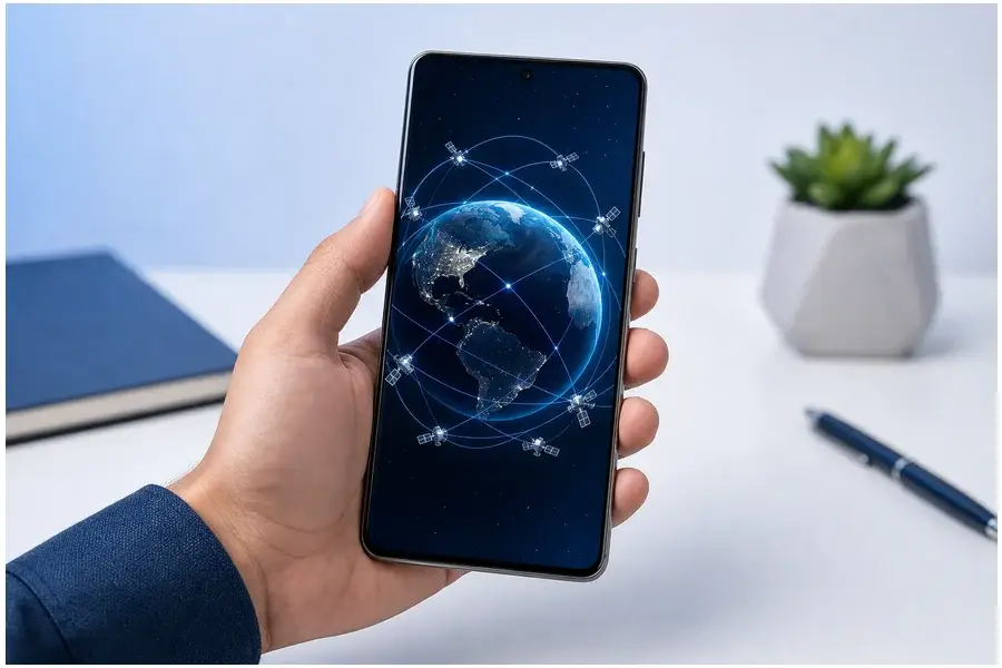 Smartphone Samsung exibindo conexões via satélite em um mapa da Terra, simbolizando conectividade global por satélites Starlink.