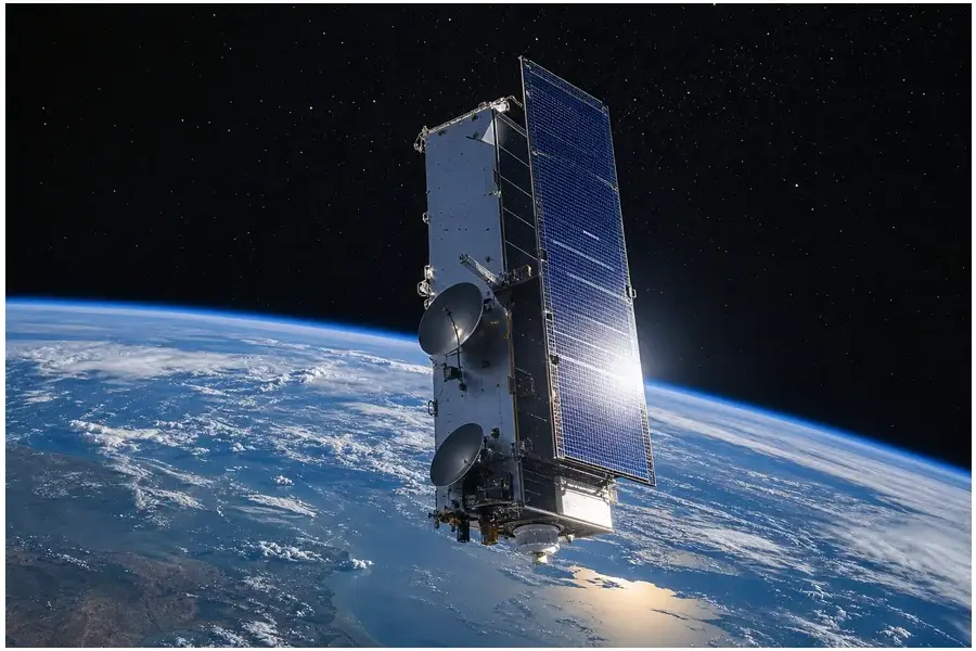 Satélite Starlink V2 em órbita terrestre, mostrando tecnologia avançada para comunicação direta com smartphones.