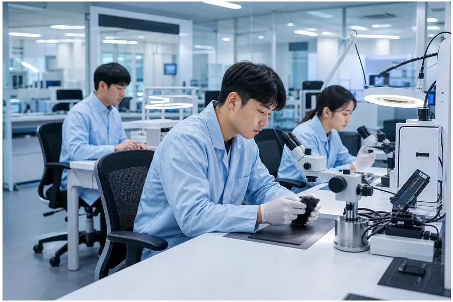Engenheiros da Samsung realizando testes de compatibilidade de smartphones com banda n252 NTN para conexão via satélite.