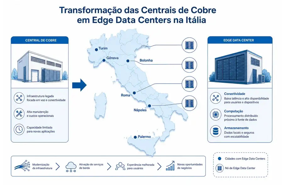 Mapa da Itália com pontos indicando centrais de cobre convertidas em Edge data centers, com ícones de conectividade, computação e armazenamento.