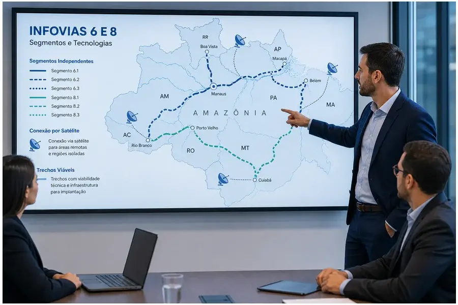 Diagrama mostrando divisão das infovias 6 e 8 em segmentos e uso de conexão via satélite na Amazônia