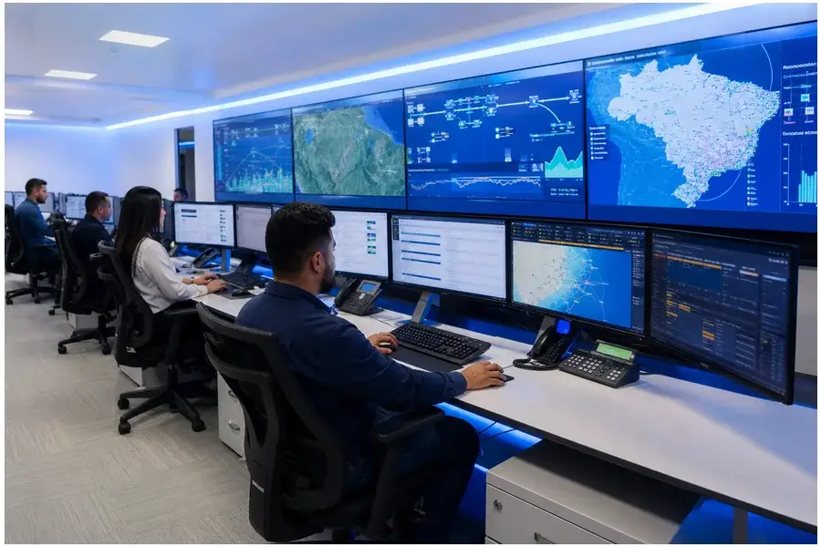 Sala de operação monitorando a manutenção e operação das infovias no Norte Conectado