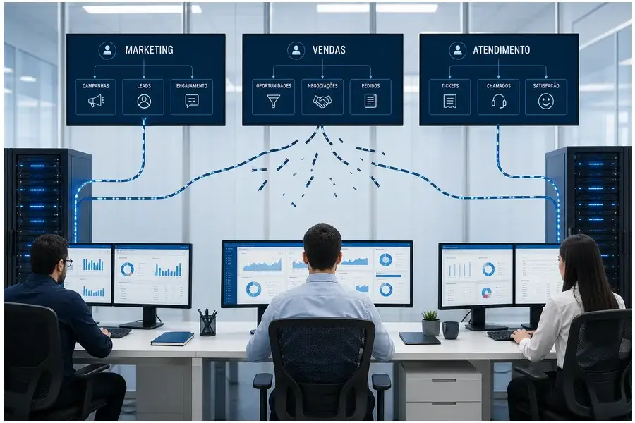 Ambiente corporativo com múltiplos sistemas de dados desconectados representando a fragmentação de dados nas empresas, estilo realista.