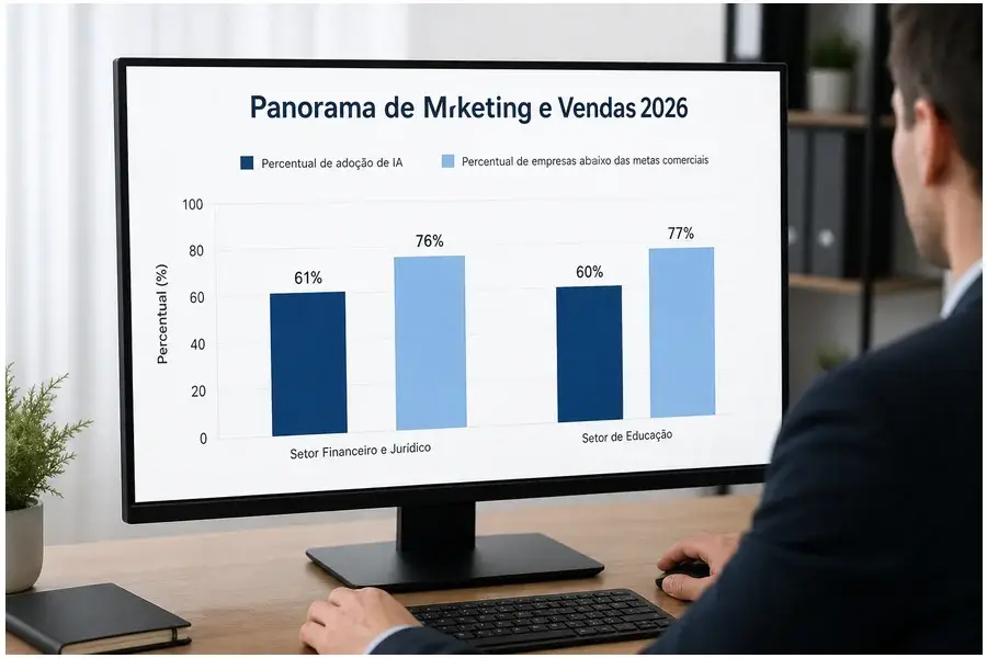 Dashboard corporativo em português mostrando dados de adoção de IA e desempenho comercial nos setores financeiro, jurídico e educação, estilo gráfico realista.