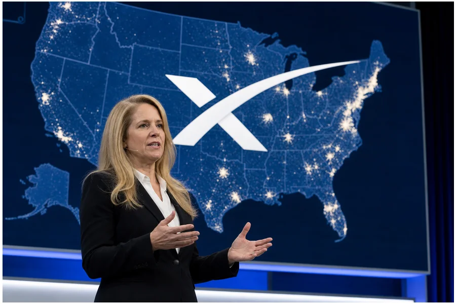 Gwynne Shotwell discursando em conferência da SpaceX com visual corporativo e mapa dos EUA ao fundo
