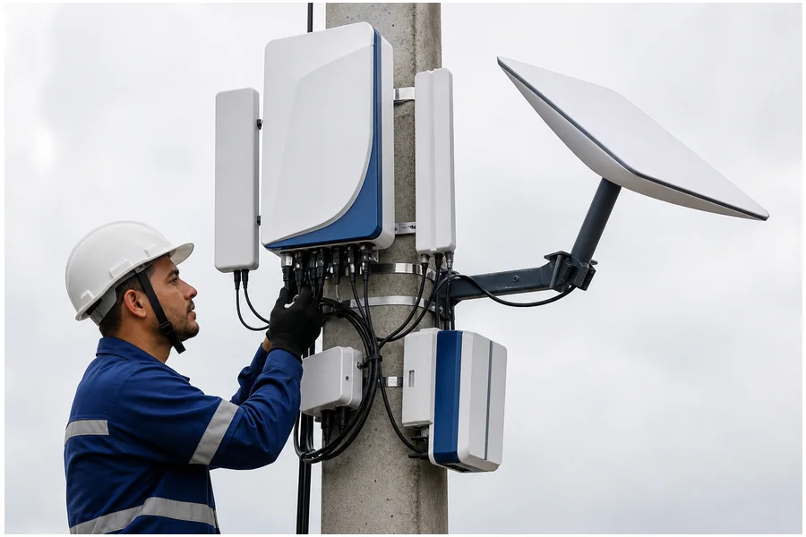 Estação rádio base femtocélula integrada com antena Starlink em poste urbano, equipamento moderno e compacto