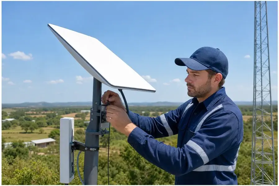Técnico instalando equipamentos Starlink para rede móvel híbrida em área rural dos EUA, ambiente claro e profissional