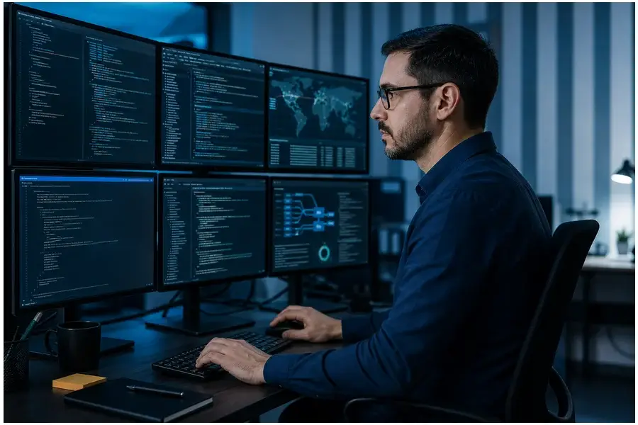 Analista de cibersegurança trabalhando em múltiplos monitores em escritório moderno