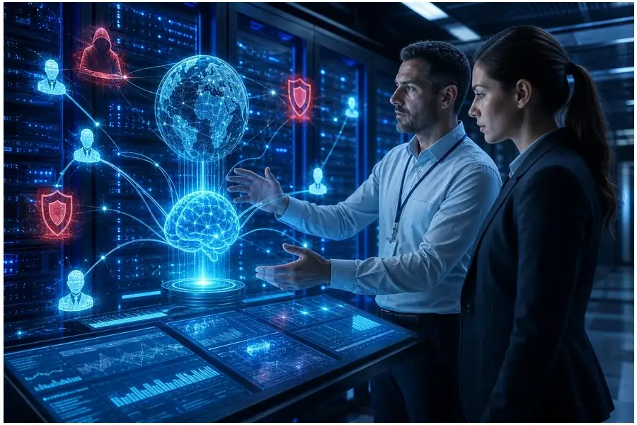 Centro de dados com representações digitais de ataques cibernéticos automatizados por IA